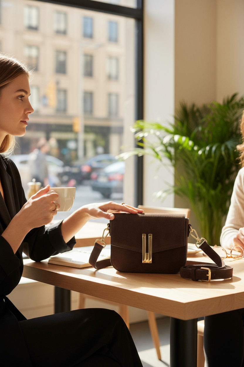 Brązowa torebka skórzana Bolejko na stoliku w kawiarni, złote okucia i pasek na ramię